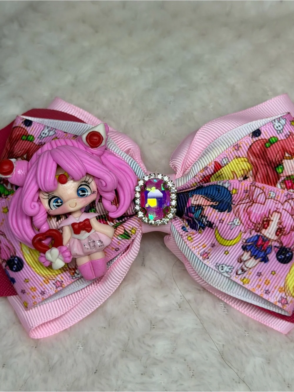 Pink Anime Character Hair Bow with Jewel Accent for Kids